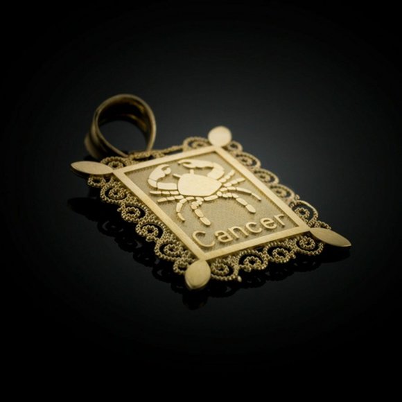14K Solid Real Gold Cancer Zodiac Sign Pendant